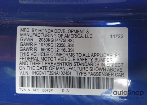 2022 Honda Accord Sport from USA, damaged, VIN 1HGCV1F39NA102454